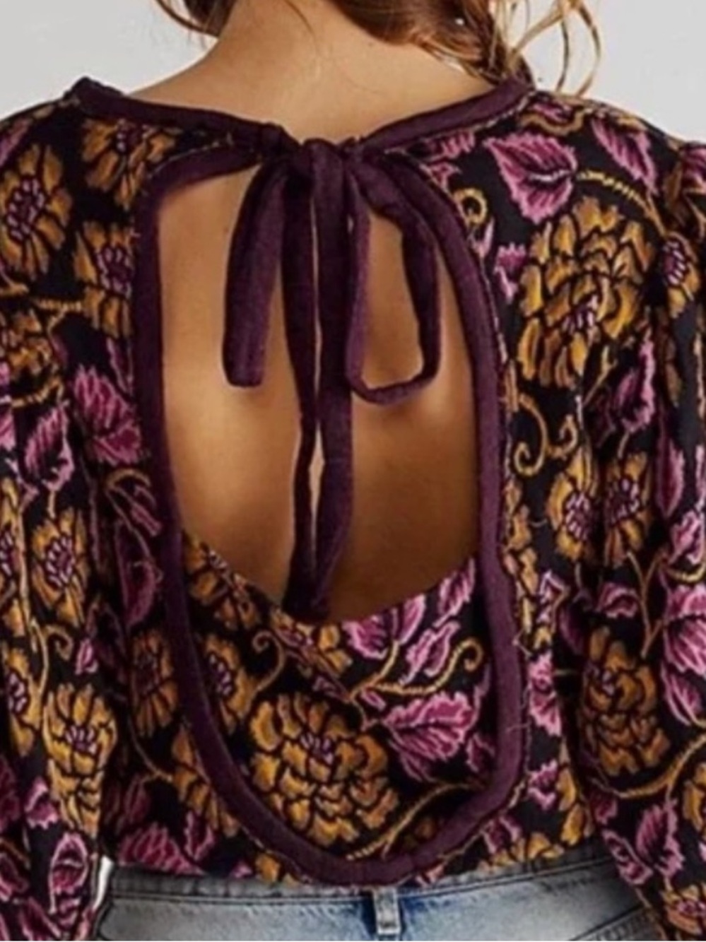 Free People Purple No Ordinary Top Floral Jacquard Cropped Cut Out Back Sweater - Picture 9 of 10